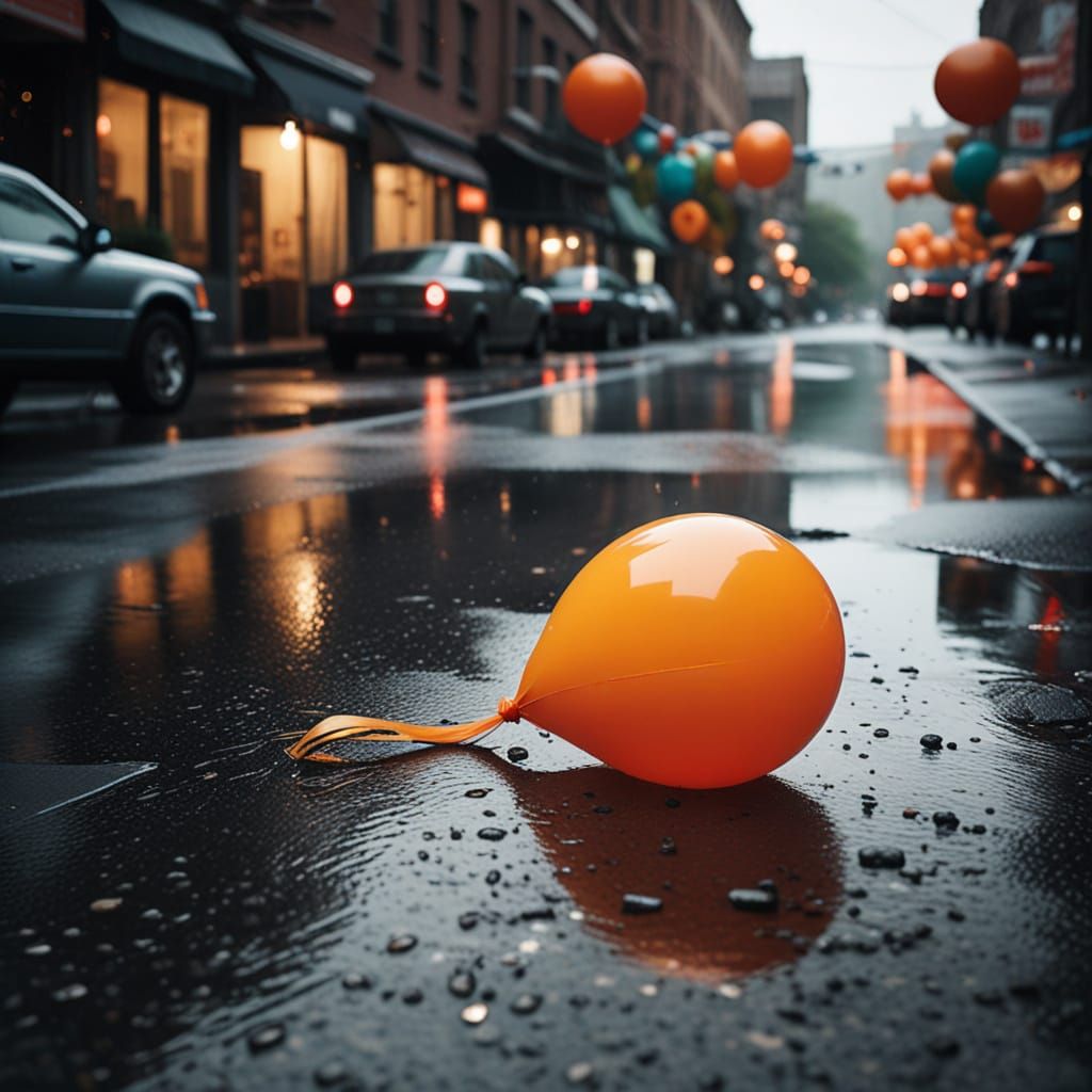 Deflated Orange Balloon in Urban Puddle, Oil Painting Style