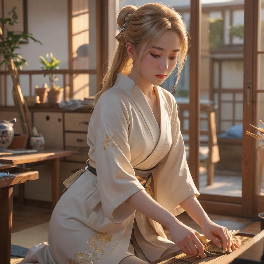 Anime Woman Tidying Living Room in 3D Art Style