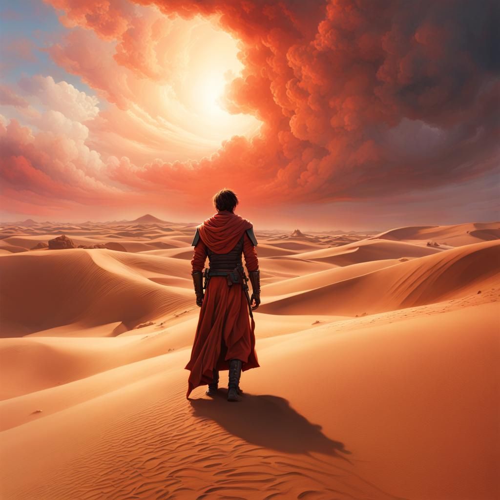 Paul Atreides in Fiery Dune Landscape