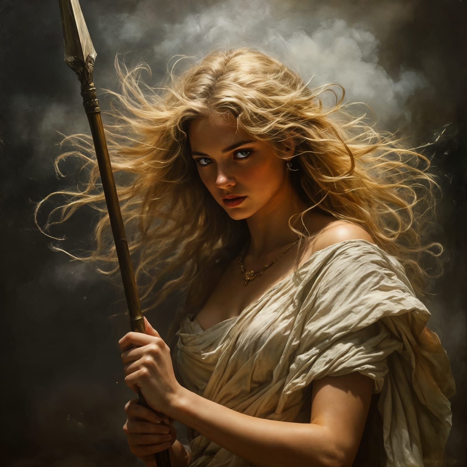 Ethereal Greek Goddess in Smoky Twilight