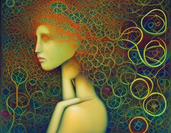 Sunset-Human Hybrid in Glass Forest, Oil Painting