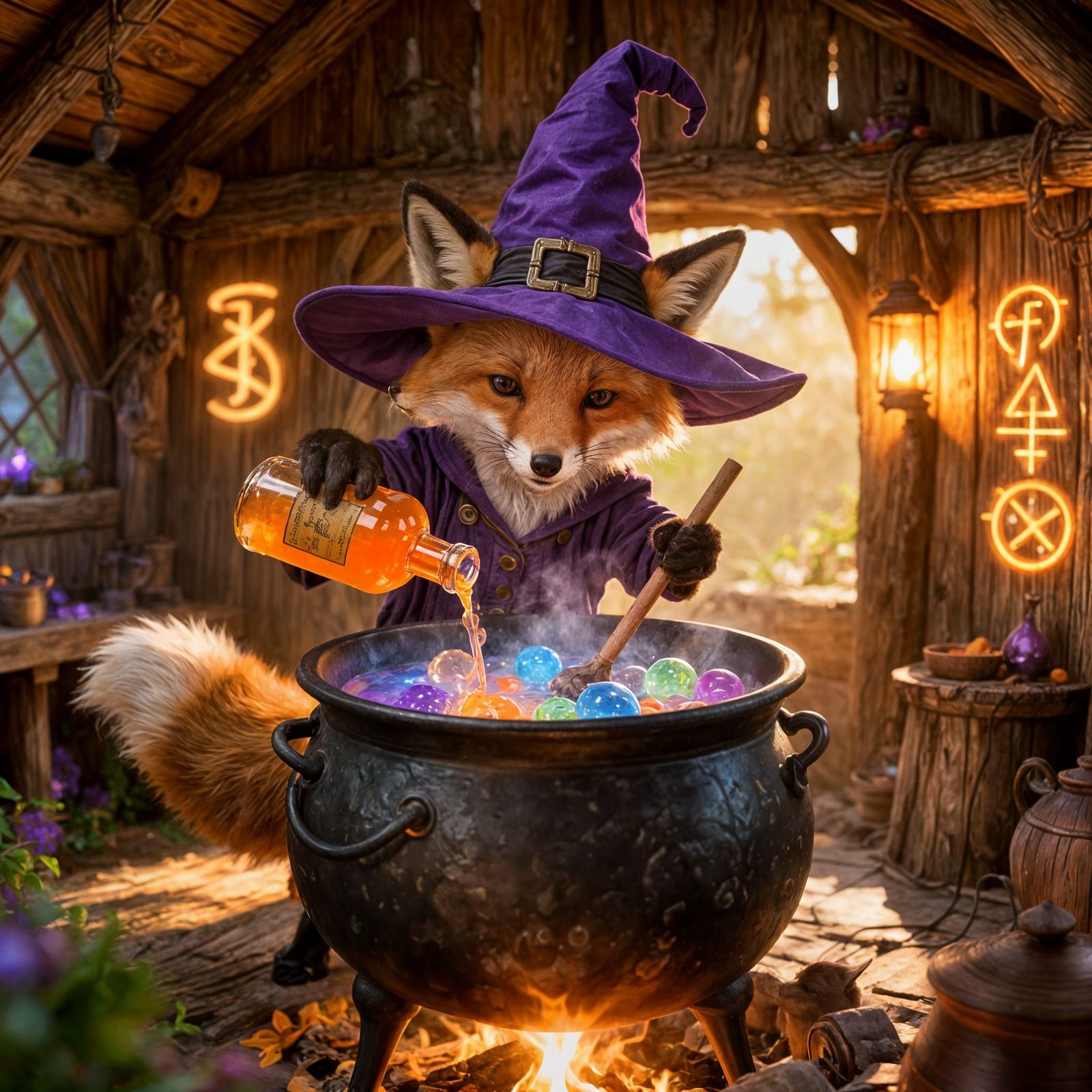 Cute Fox Witch Brewing Potion in Cozy Hut