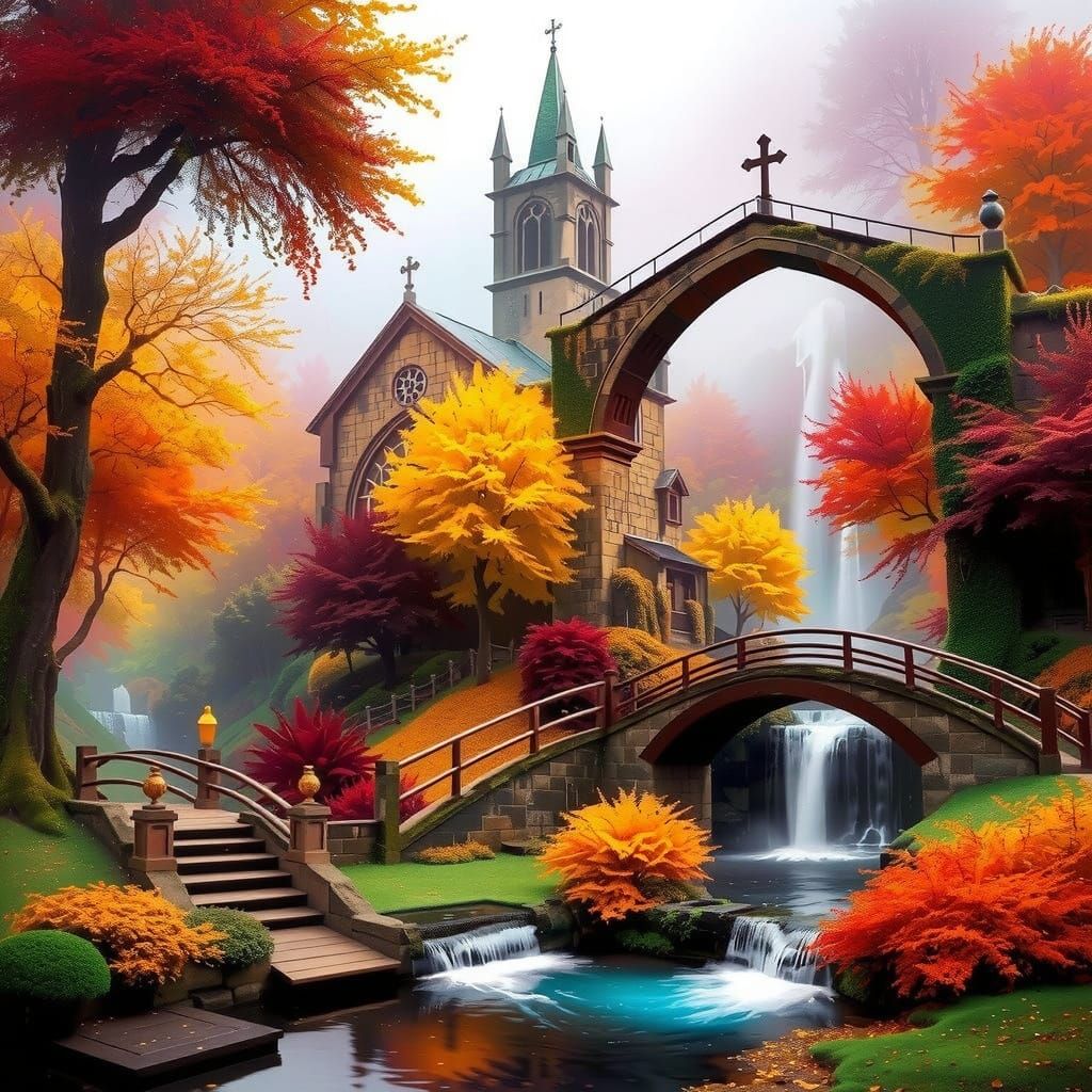 Medieval Church in Golden Autumn Mist