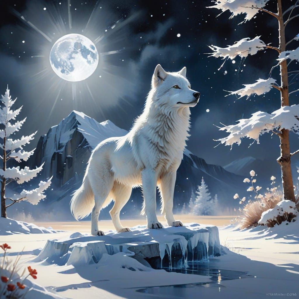 imagine a lone arctic wolf with fur made of woven starlight,...