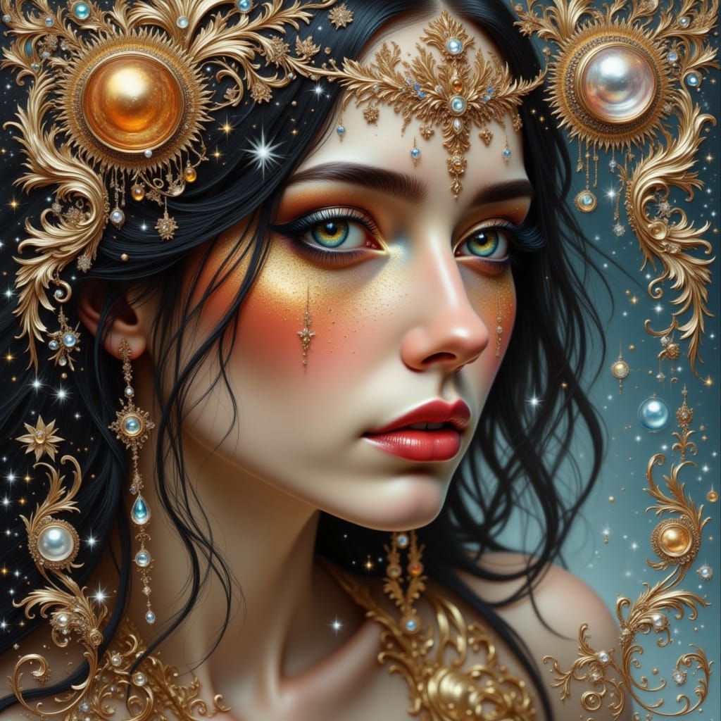 Emotional Woman with Tears in Art Nouveau Style