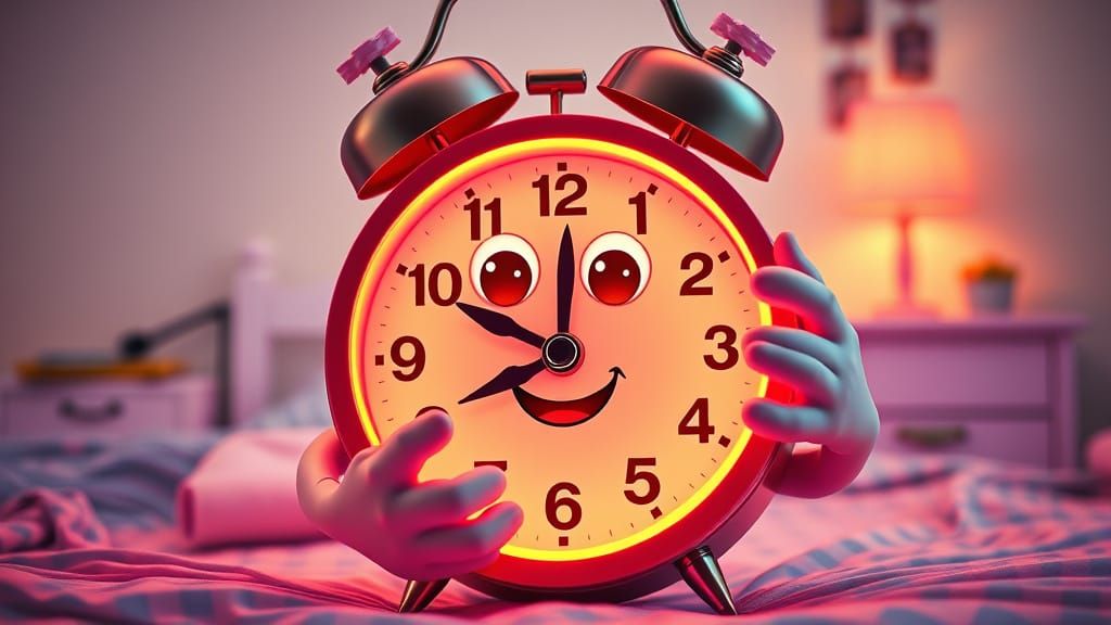 Joyful Retro Alarm Clock Hugging Itself in 80s Bedroom