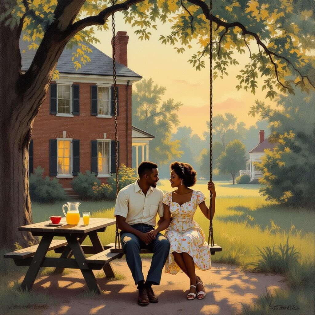 Couple on Swing in 1960s Rural South Evening