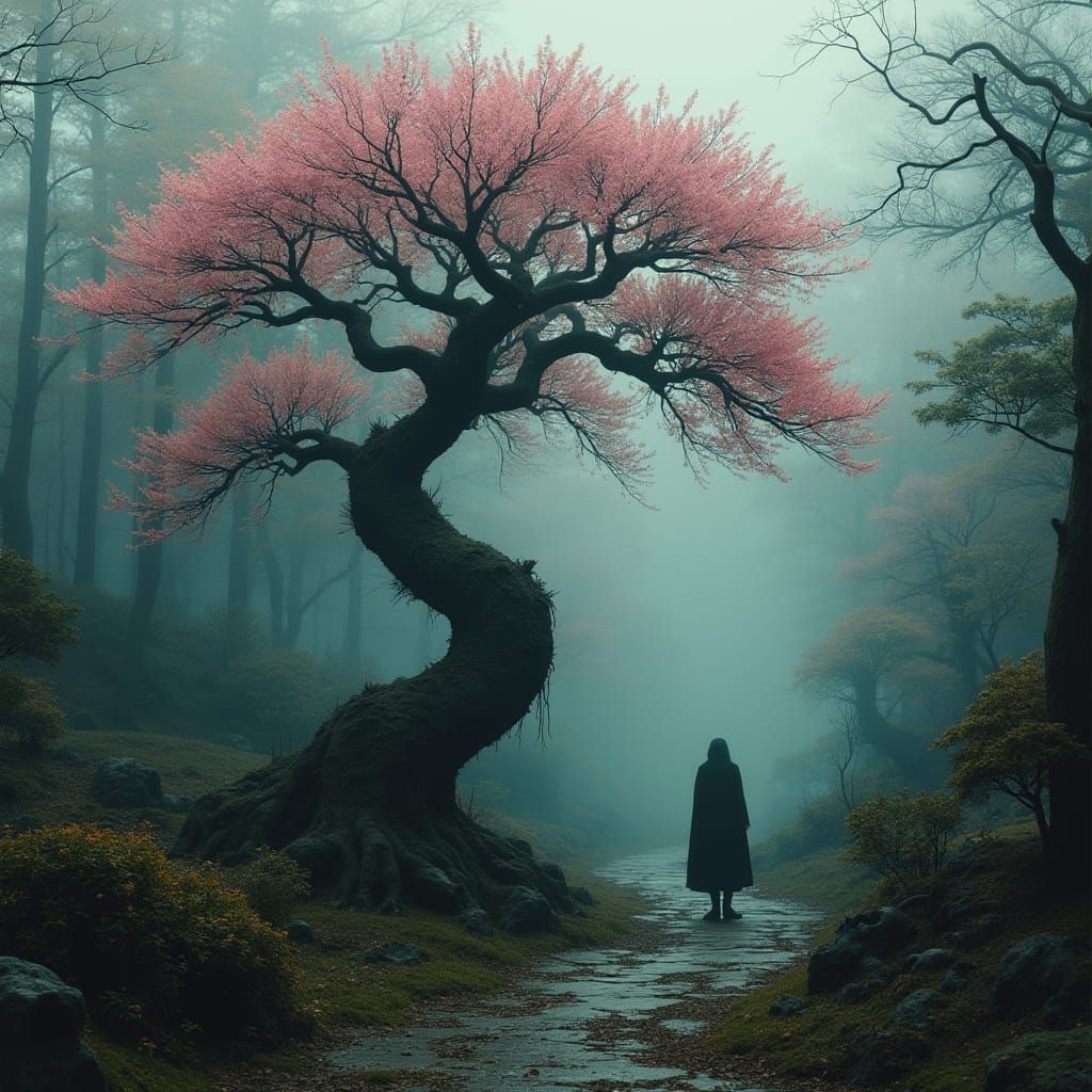 Eerie Skull Sakura in Gothic Japanese Garden