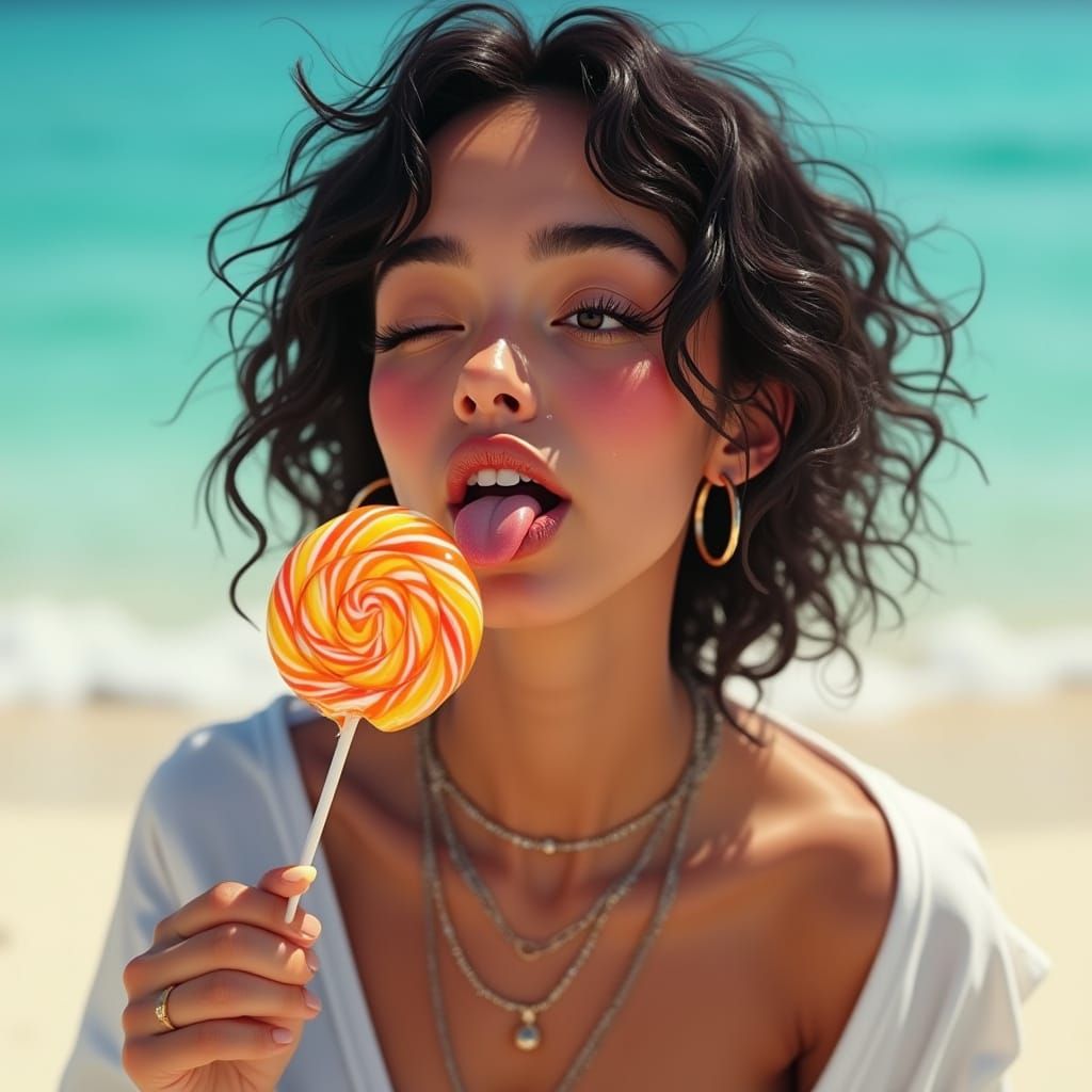 Young Woman at Beach with Lollipop, Hyper-Realistic Digital ...