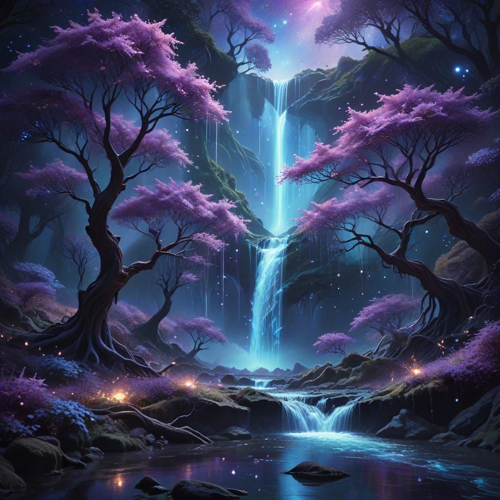 Dreamscape Waterfall of Stars into Luminescent Alien Trees