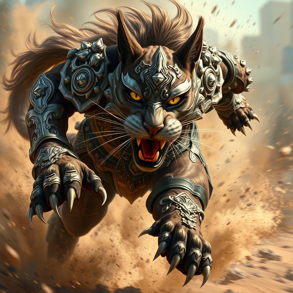 Cyberpunk Feline Warrior Charges into Battle with Thunderous...