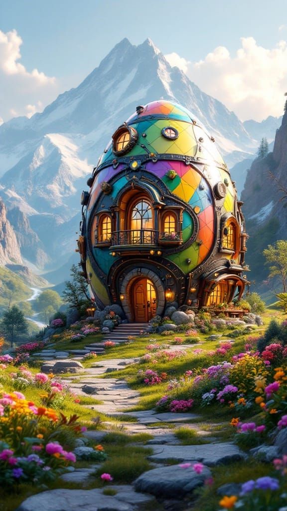 Vibrant Steampunk Easter Egg Mansion Amidst Spring Blooms