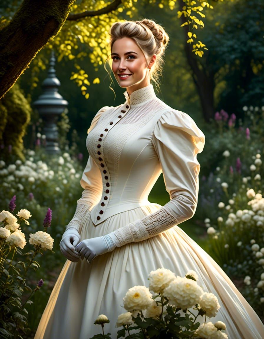 Victorian Woman in Mystic Garden, Detailed Portrait