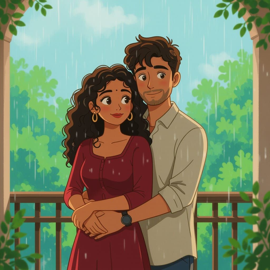 Romantic Couple Embrace in Rainy Ghibli-Style Scene