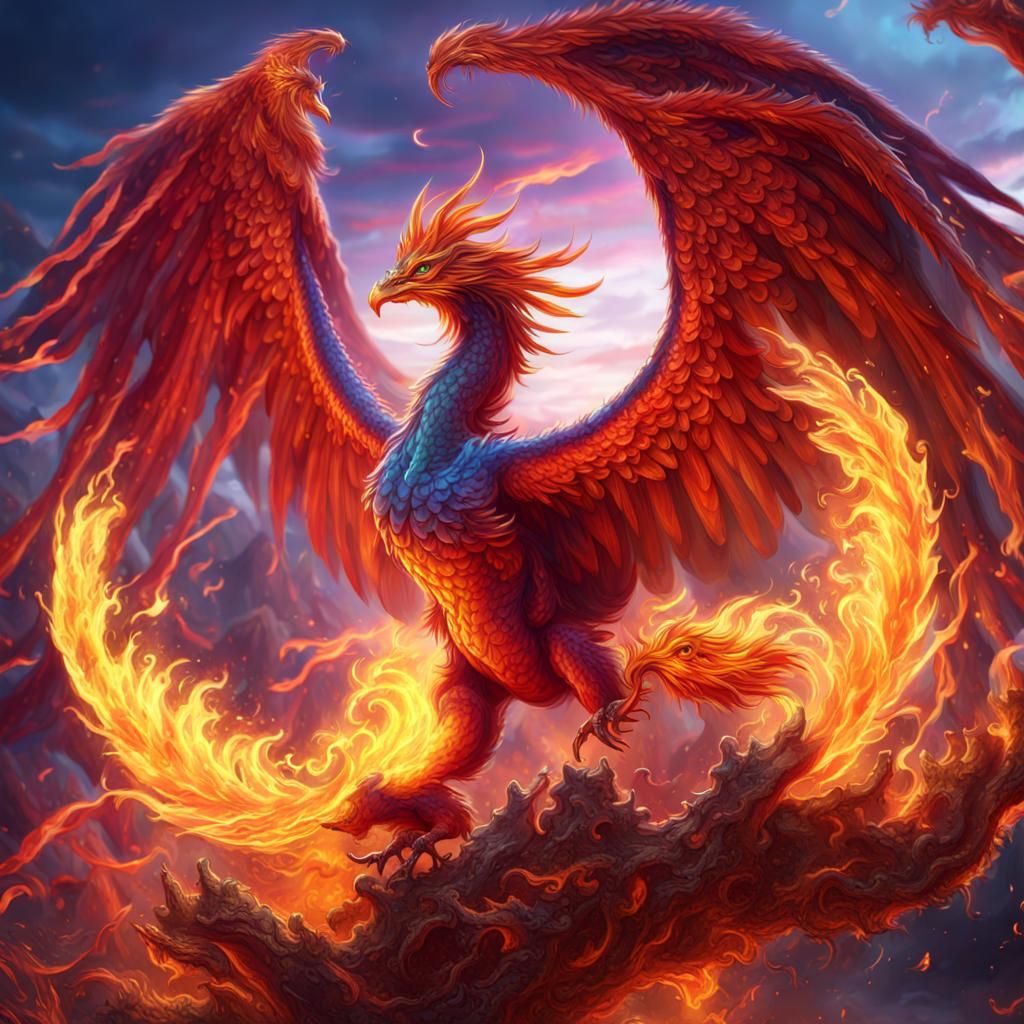 Phoenix and Dragon Battle in a Fantasy Landscape
