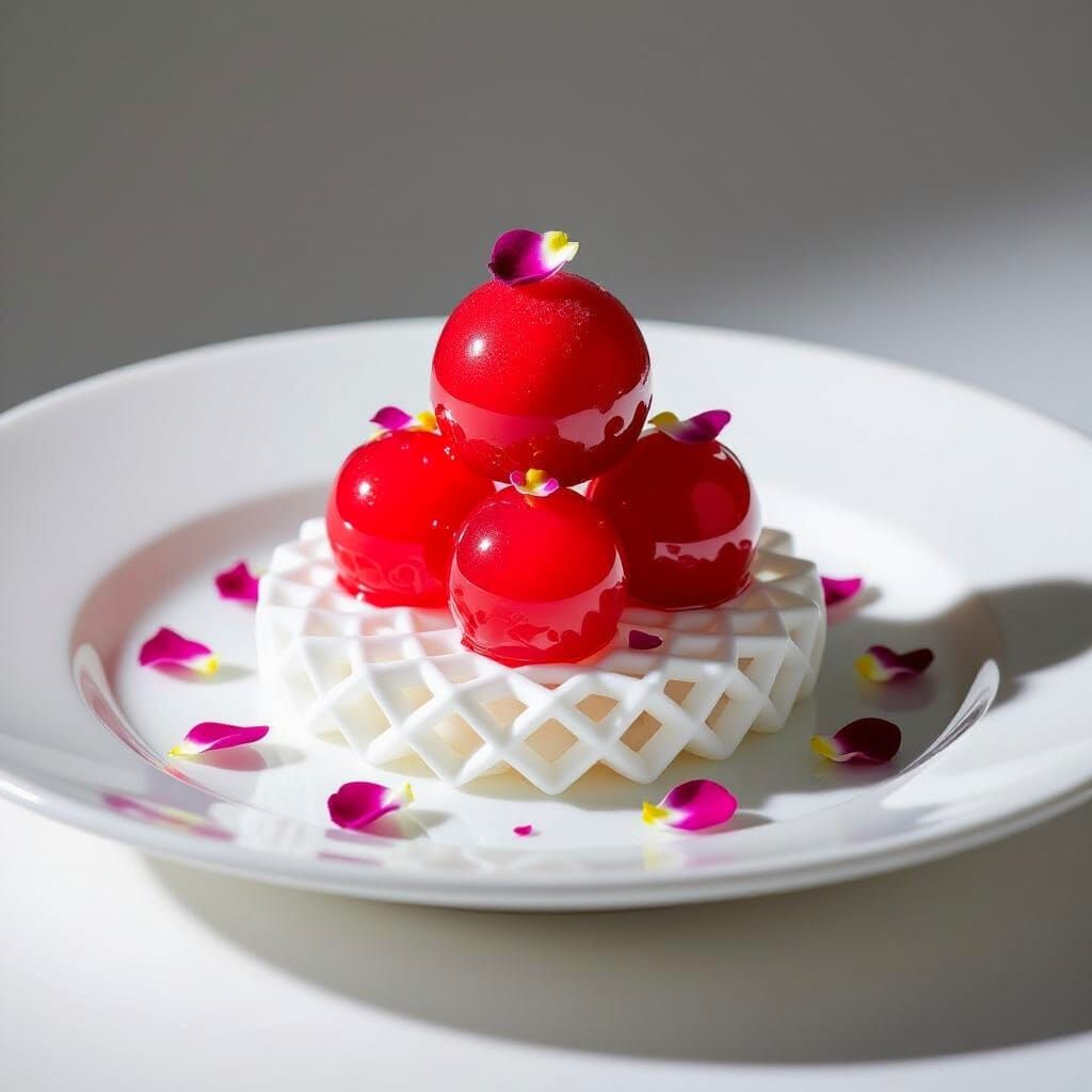 Modernist Dessert with Ruby Sorbet and Sugar Lattice