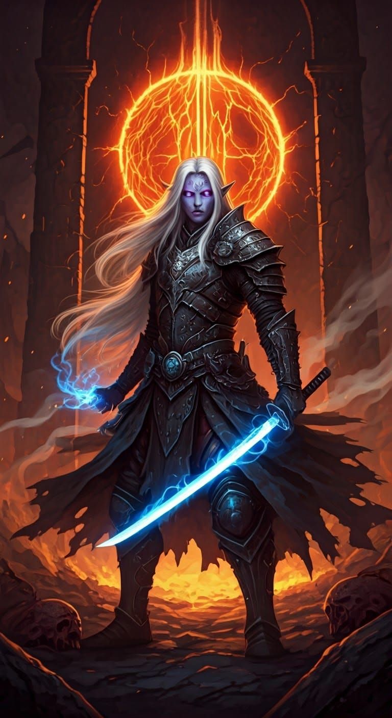 Aasimar Warlock Confronts Oblivion Gate in Fantasy Art