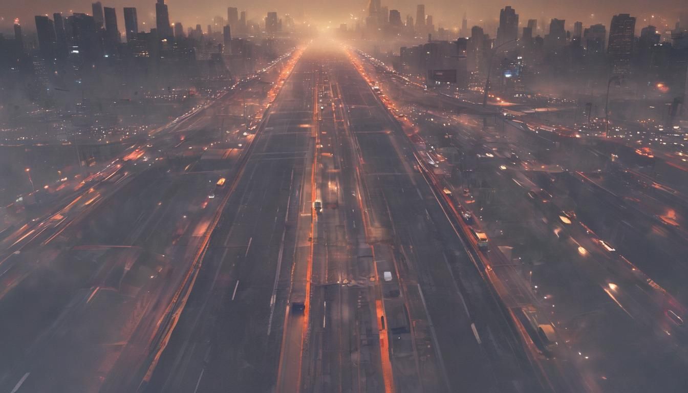 Surreal Diverging Highway in Twin Cityscapes