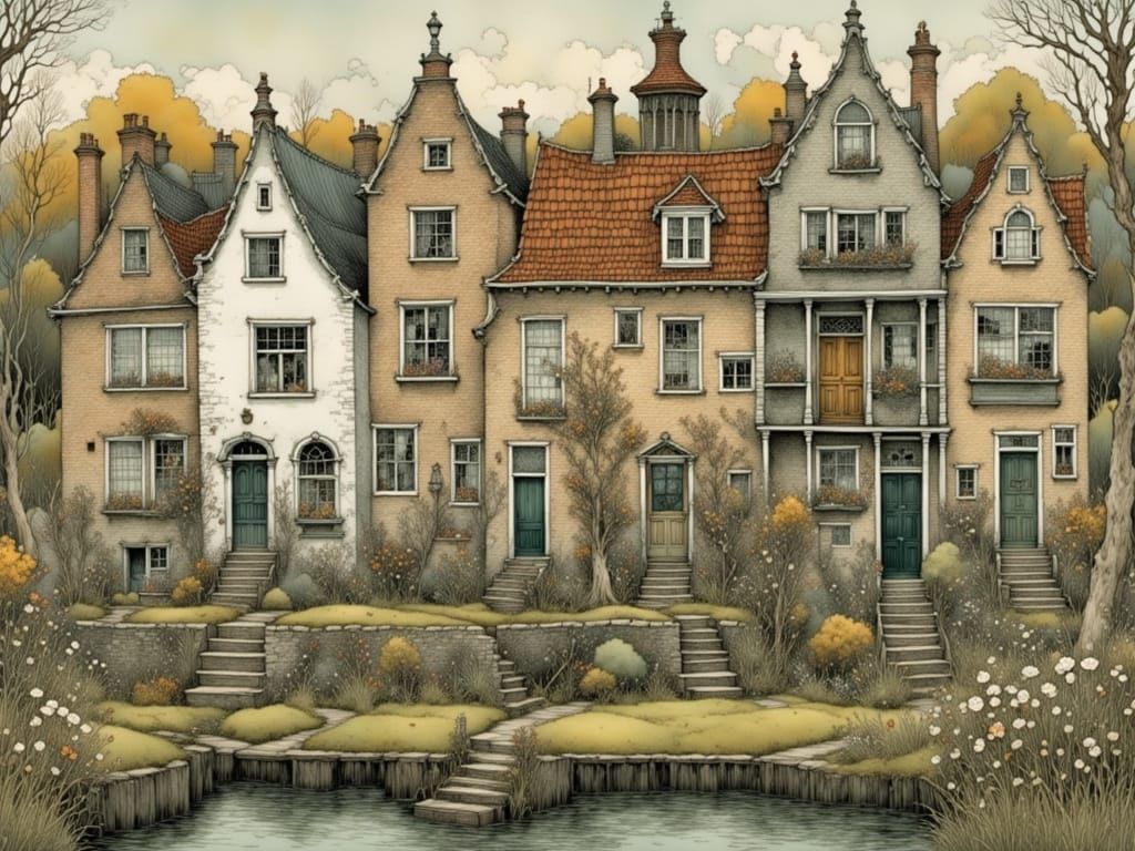 Cozy Dutch Houses at Dusk, Intricately Detailed