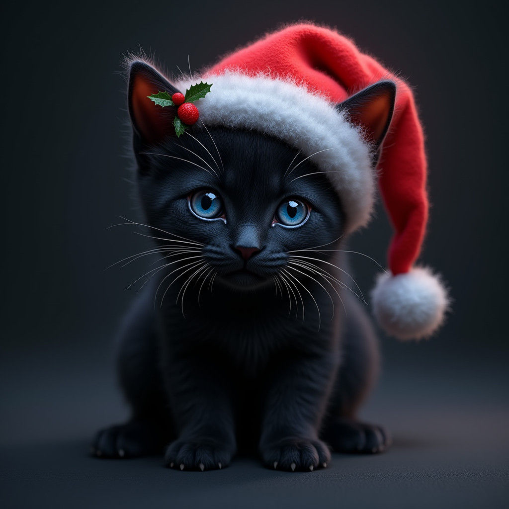 Black Cat with Santa Hat Charcoal Portrait