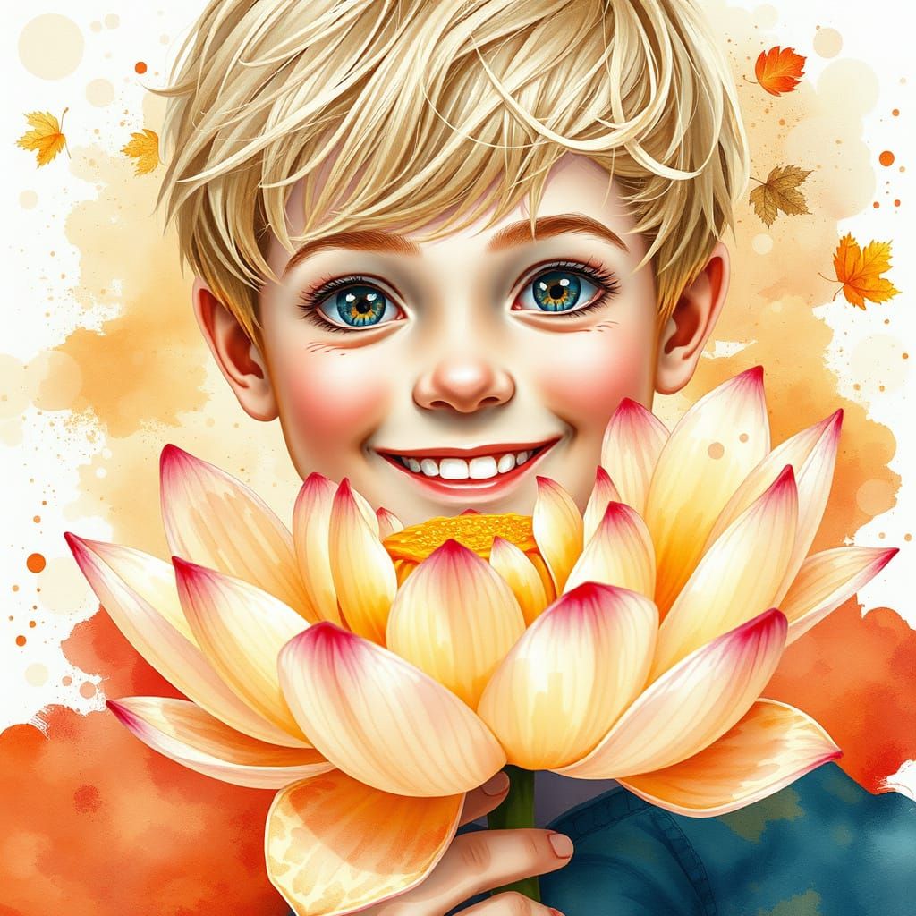 Boy with Lotus Flower in Watercolor Style