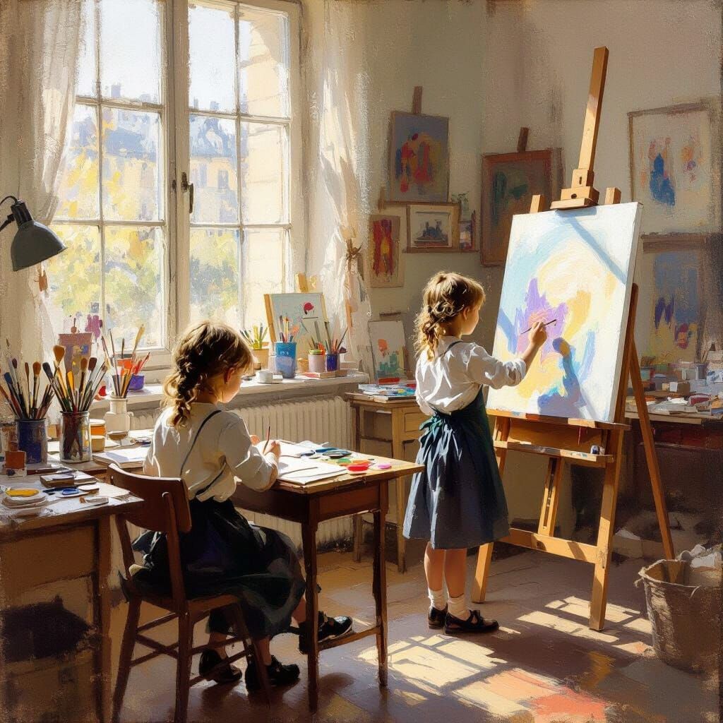 Impressionistic Oil Painting of Girls in Art Classroom