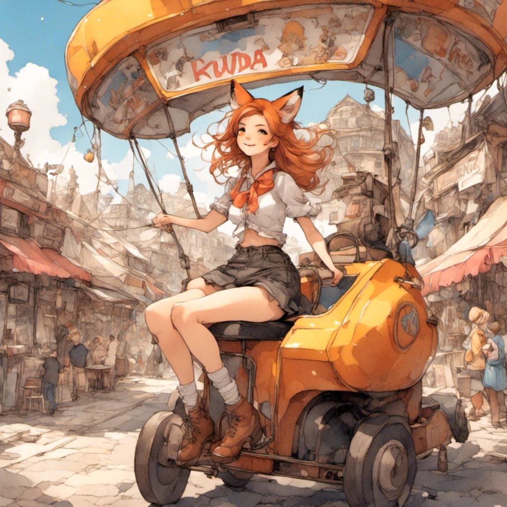 Fox-girl VIXEN using a coin operated kiddie ride