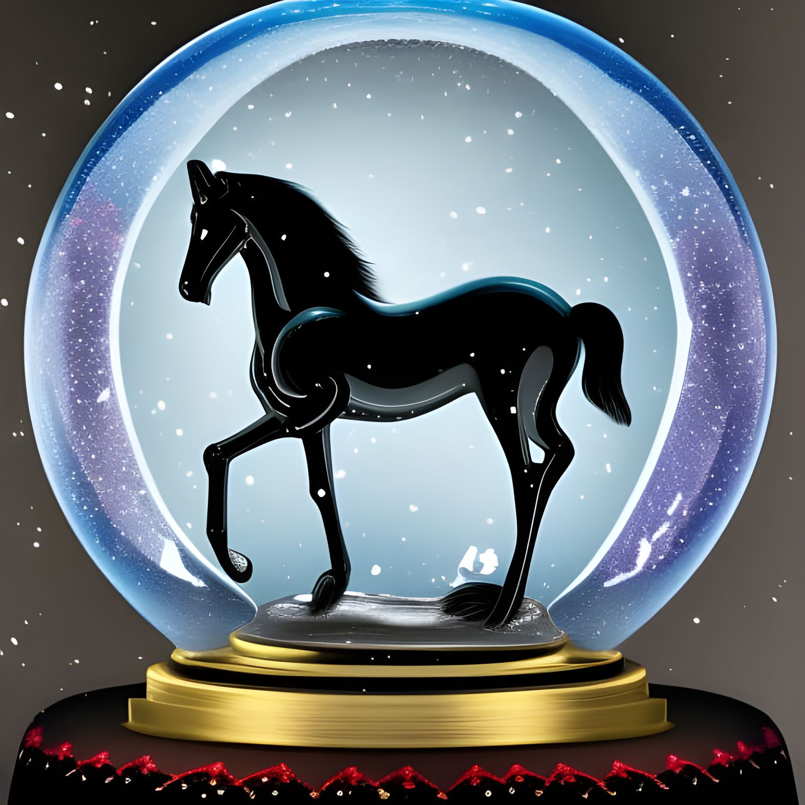 Black Horse in Snow Globe, Tim Burton Style