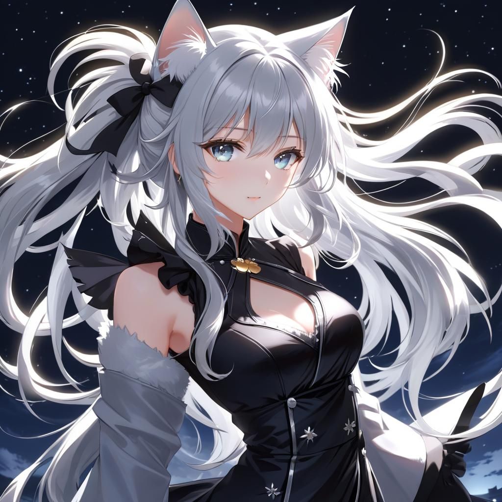 Silver-Haired Cat Girl in Anime Key Visual Style