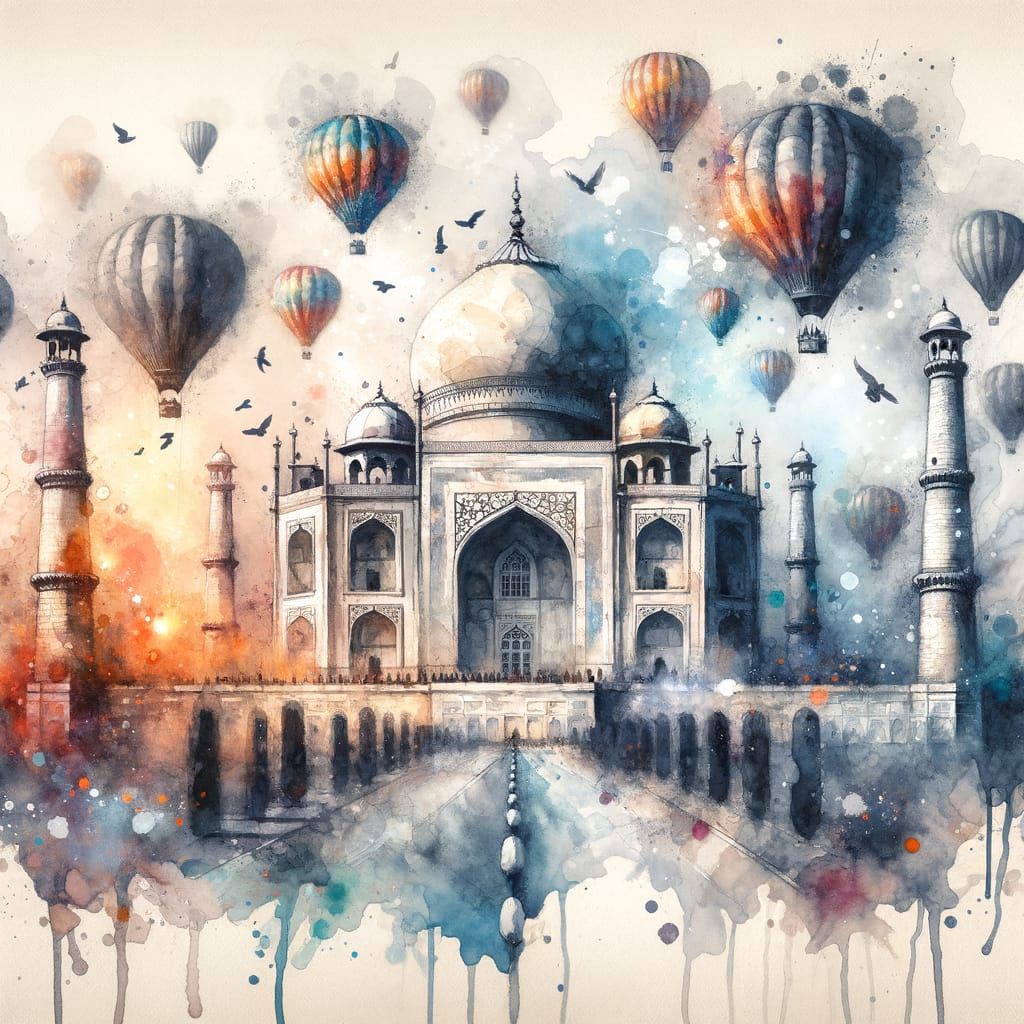 Watercolor Hot Air Balloons Above Majestic Taj Mahal