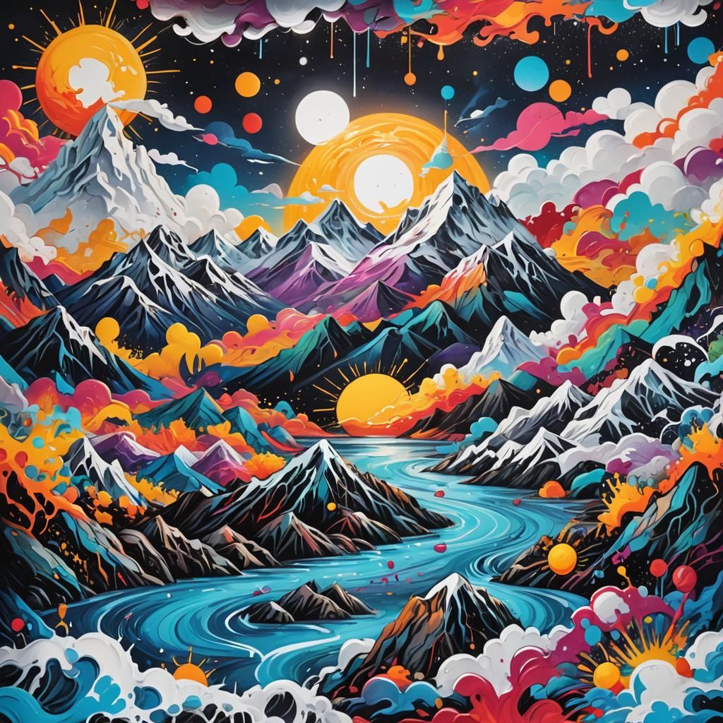 Polychromatic Graffiti Art: Sun, Moon, Mountains