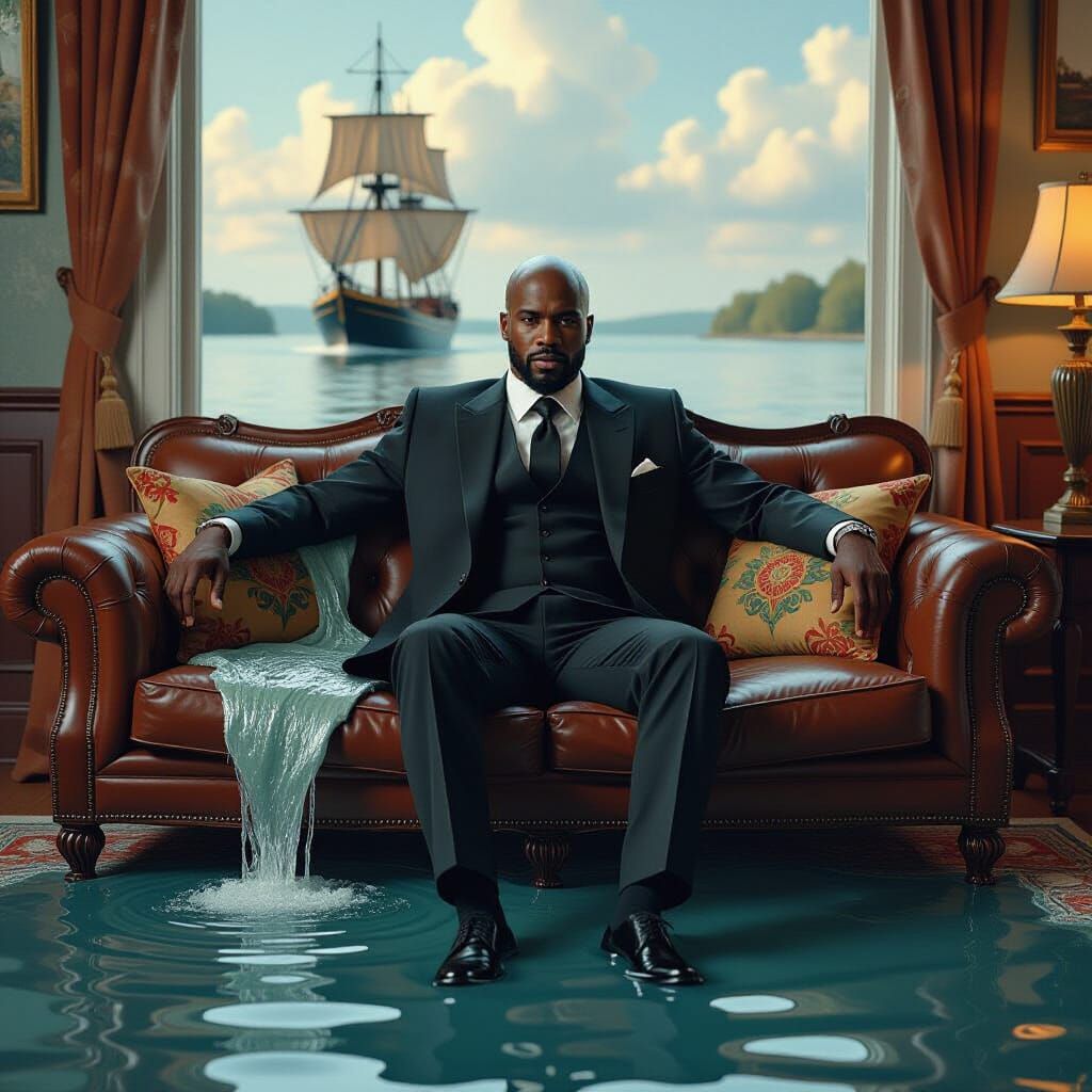 Surreal River Scene with Blues Musician, Cinematic Style