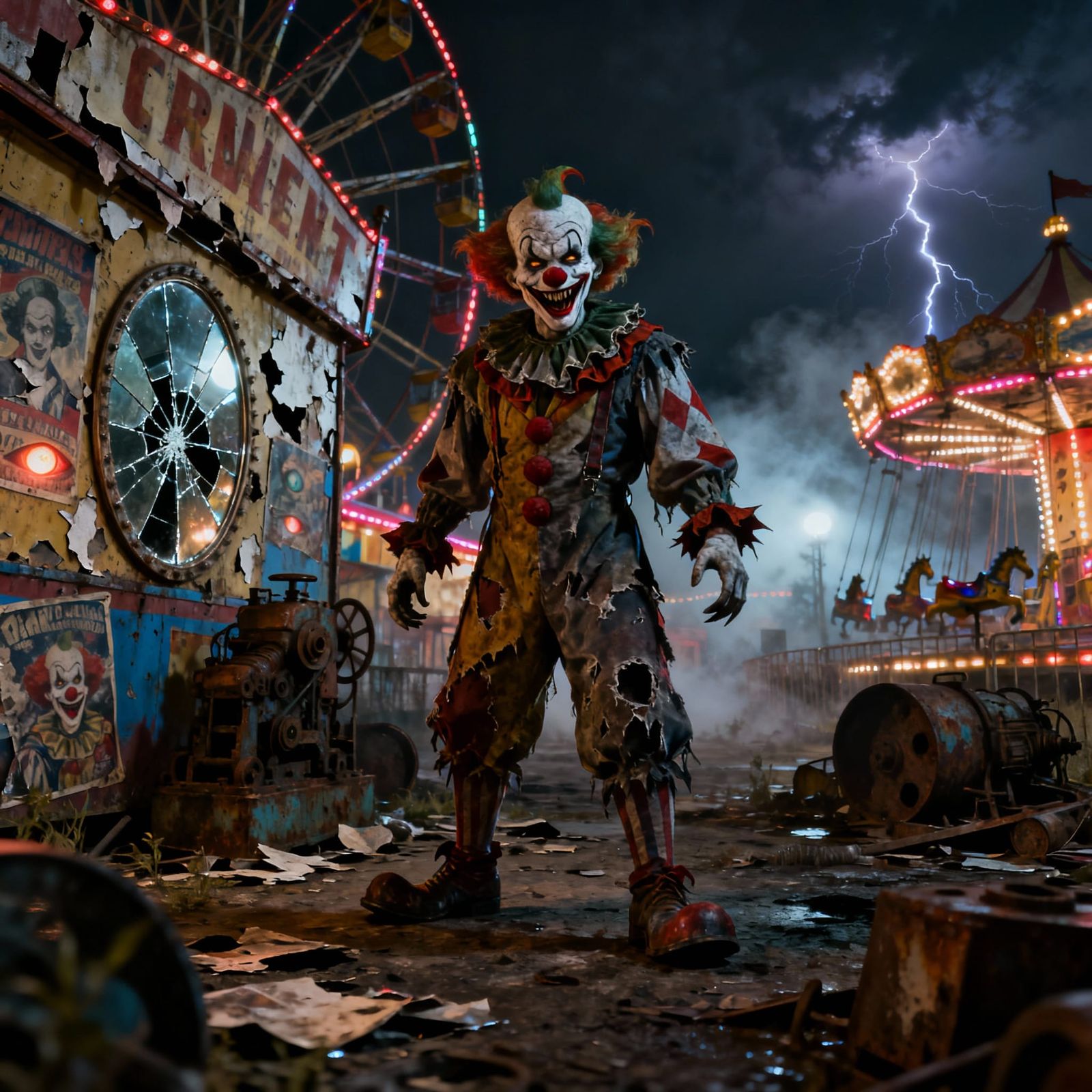 Evil Clown in Derelict Fairground at Night