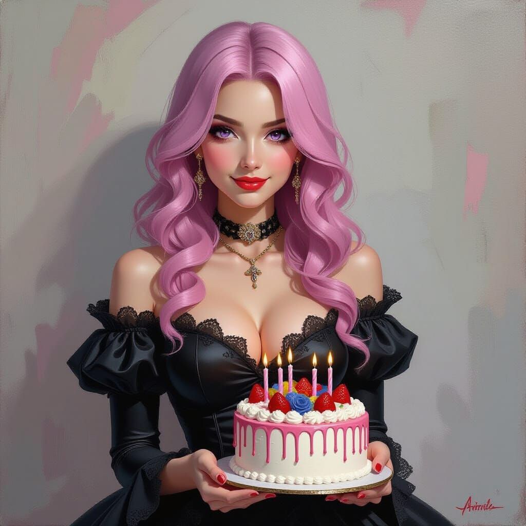 Pink Haired Woman Offers Birthday Cake in Neo-Impressionist ...