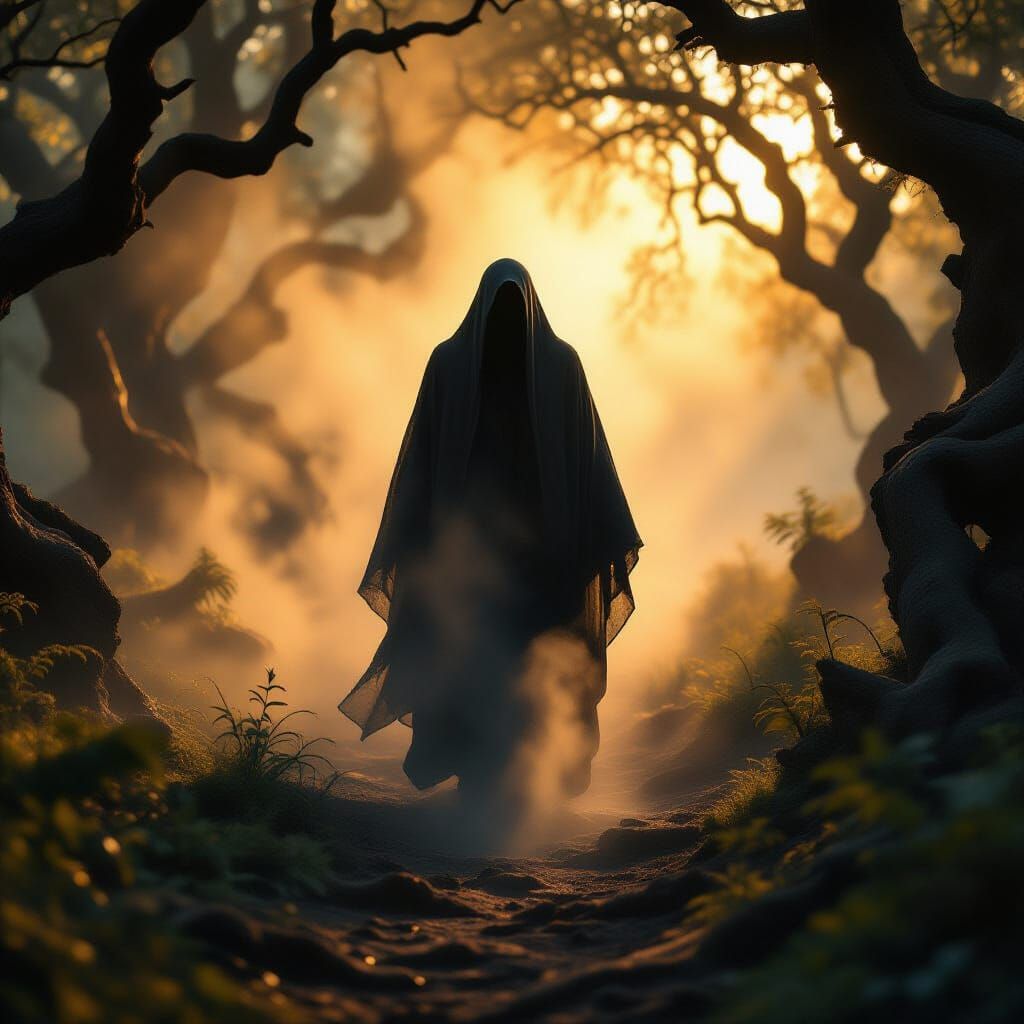 Photorealistic. A lone, spectral figure, cloaked in mist, wa...