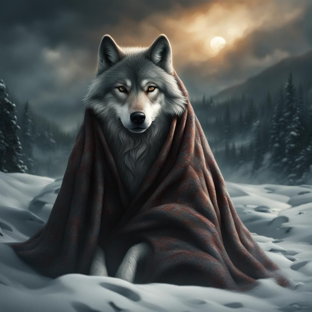 Wolf Snuggled in Blanket: Dramatic Digital Painting
