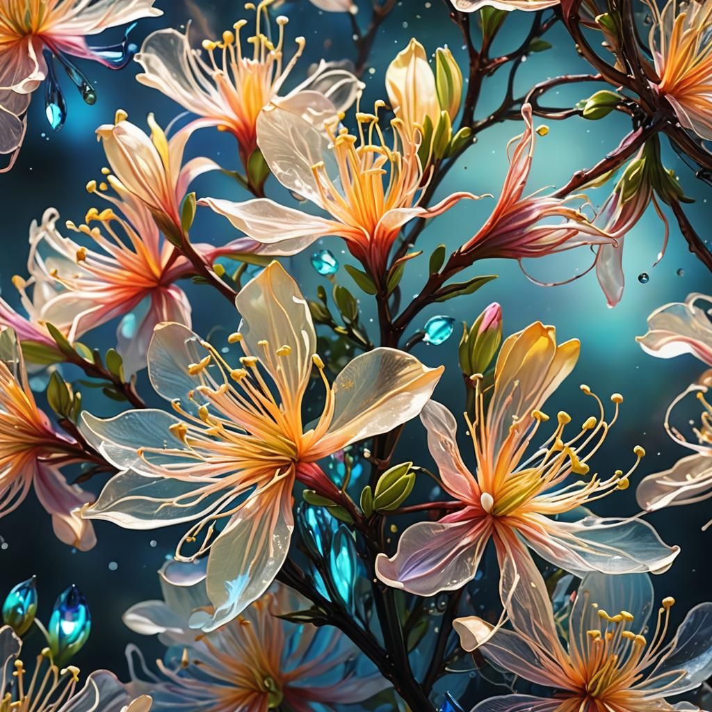 Bioluminescent Honeysuckle Blossom in Glass Art Style