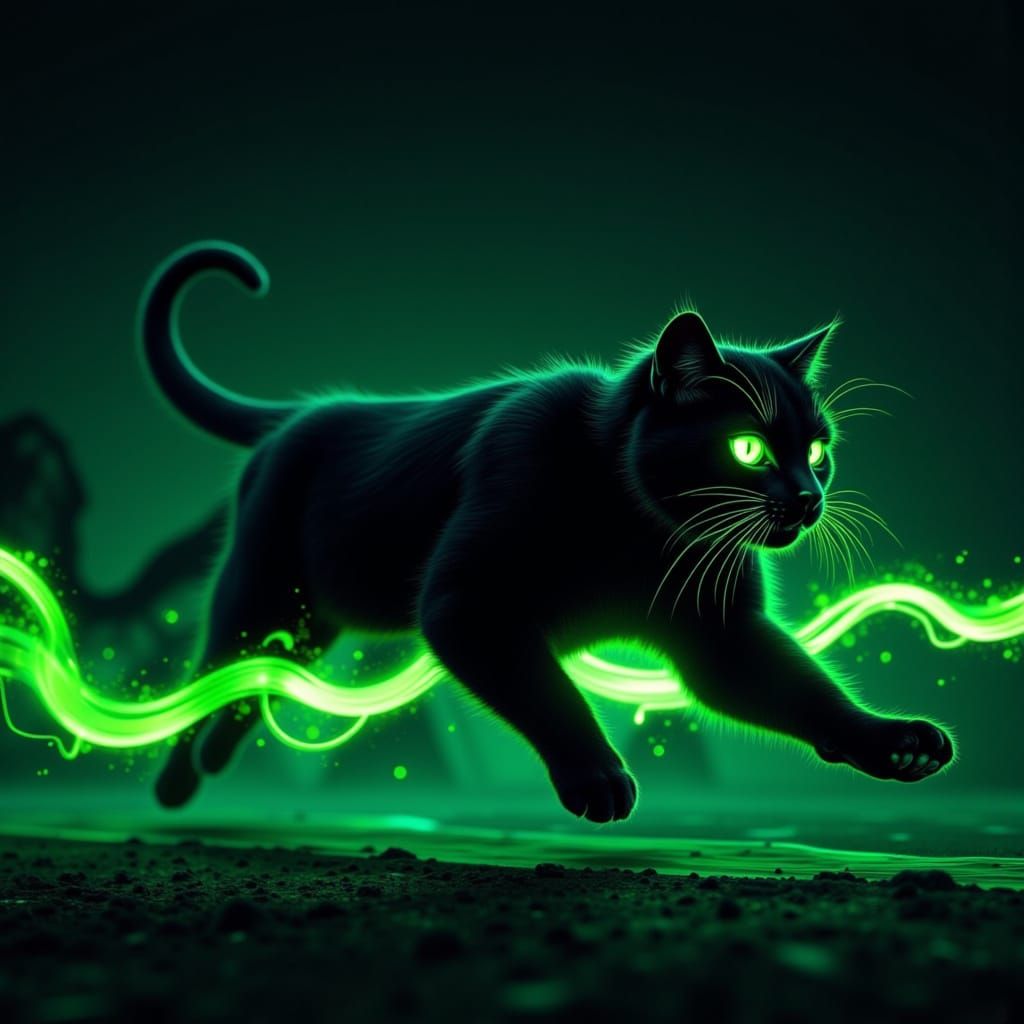 Black Cat with Fluorescent Green Glitch Lines