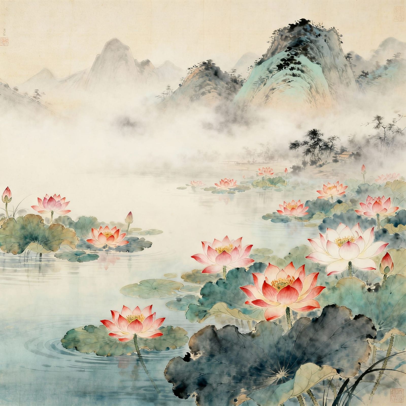 Serene Chinese Paradise Painting with Vibrant Lotuses