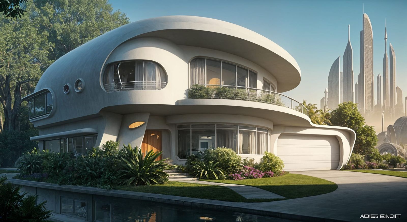 Retro-futuristic architectural illustration.