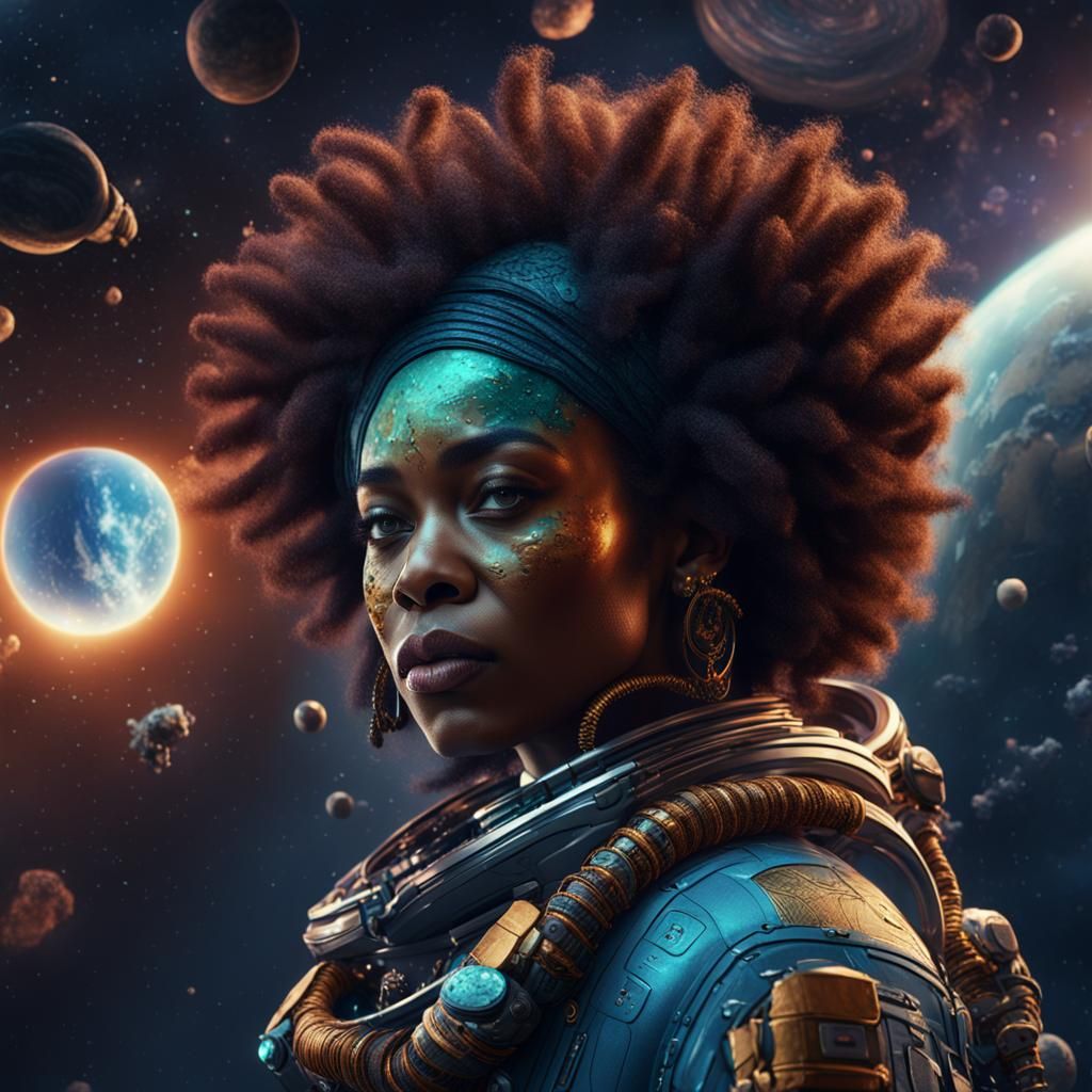 Black Woman Film Producer in Space: Detailed Matte Painting