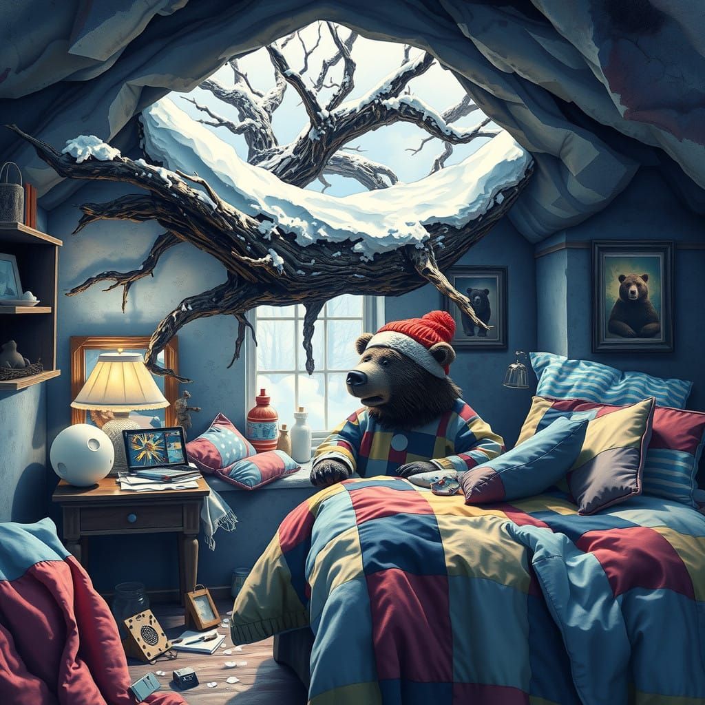 Snow-Covered Tree Falls Through Bear's Apocalyptic Cave