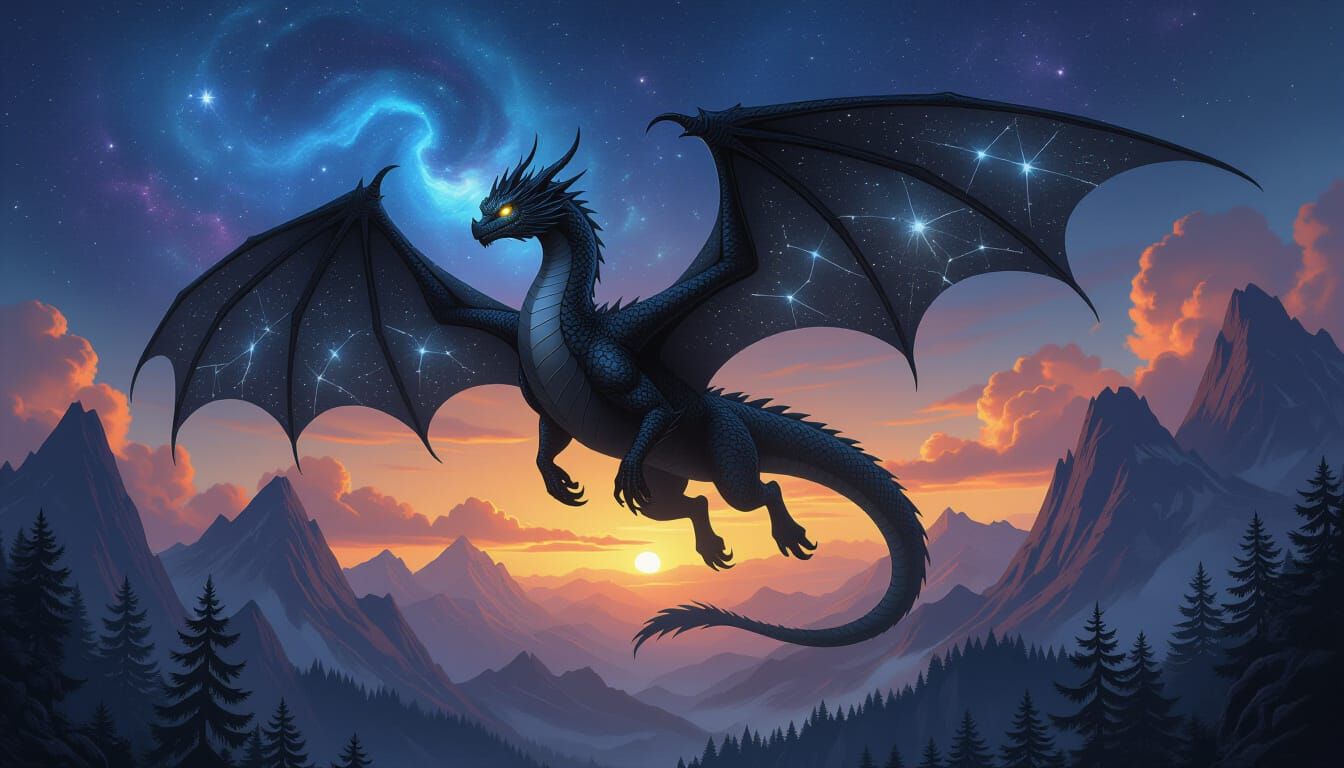 Obsidian Dragon Soaring Through Cosmic Twilight Sky