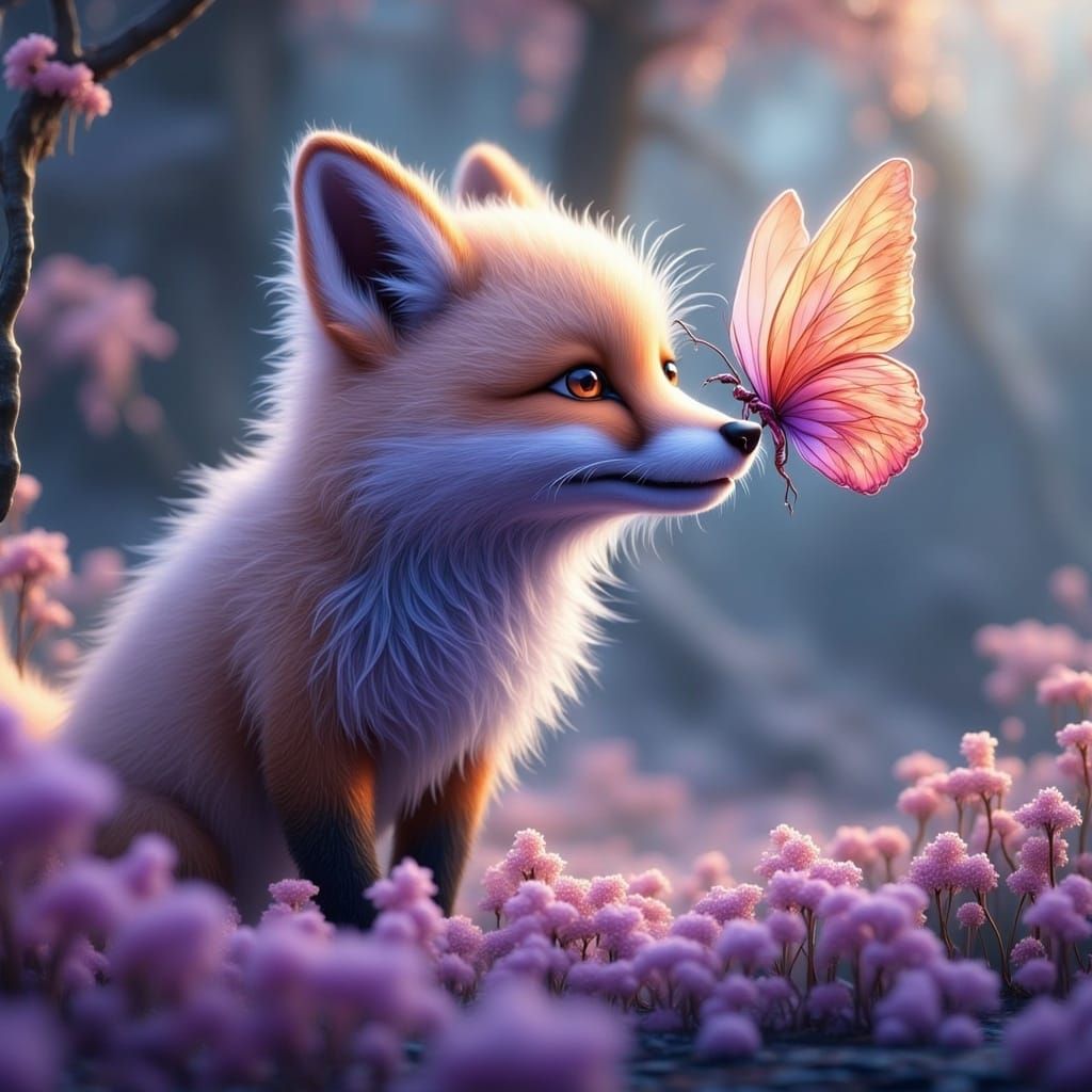 Enchanted Fox with Crystal Butterfly in Whimsical Garden