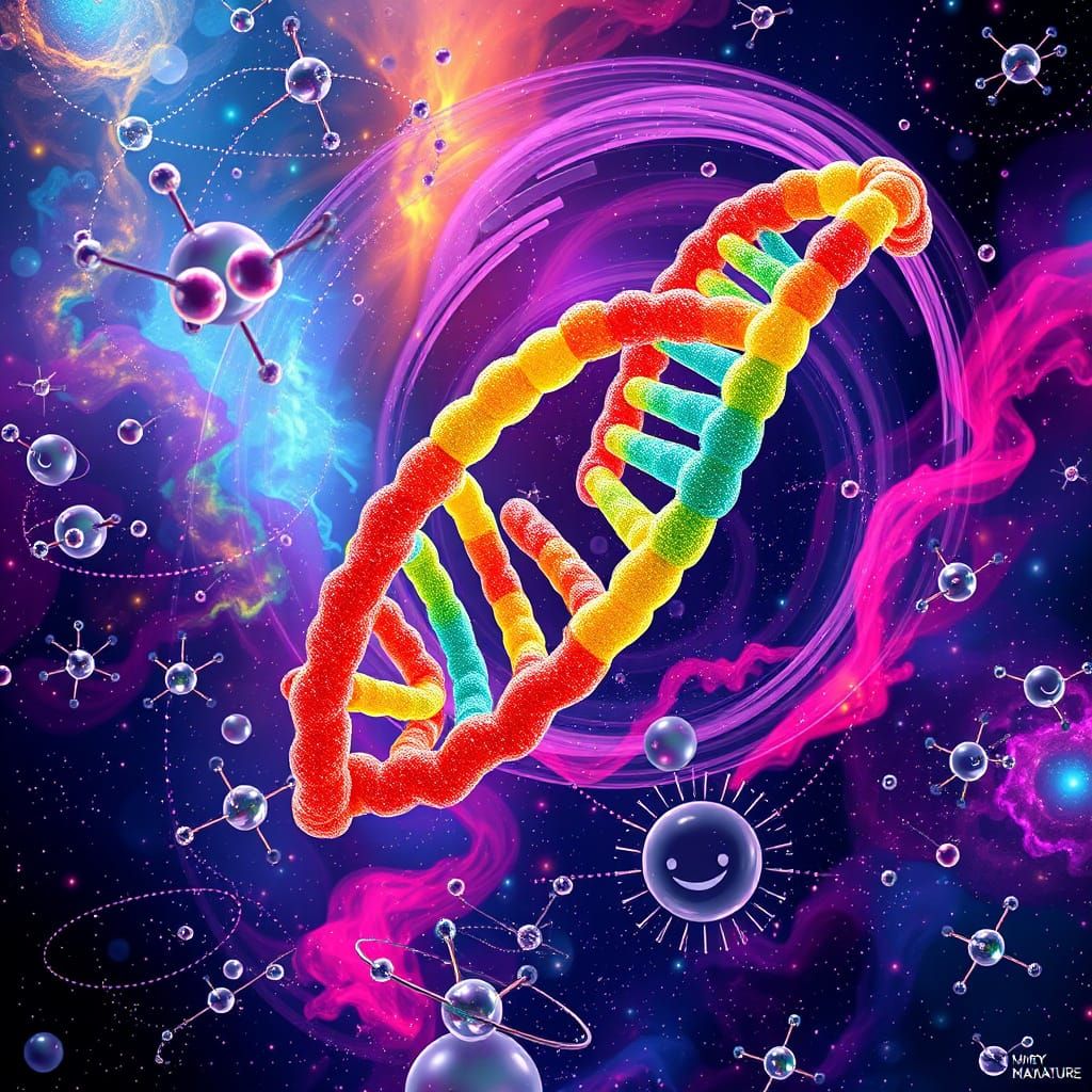 Vibrant DNA Double Helix Swirls through Cosmic Nebula