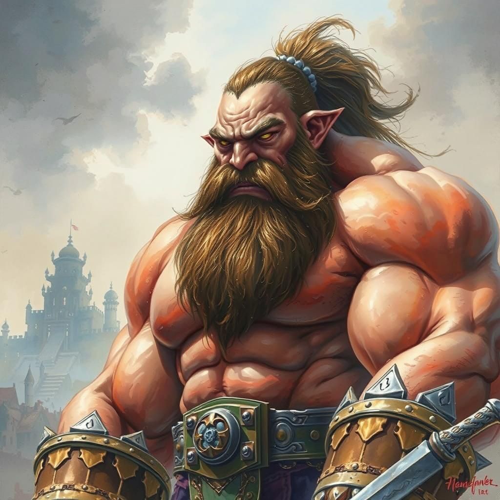 portrait of an enormously muscular Bonegrinder giant from Warhammer. Fantasy background, in the style of Michael Whelan....