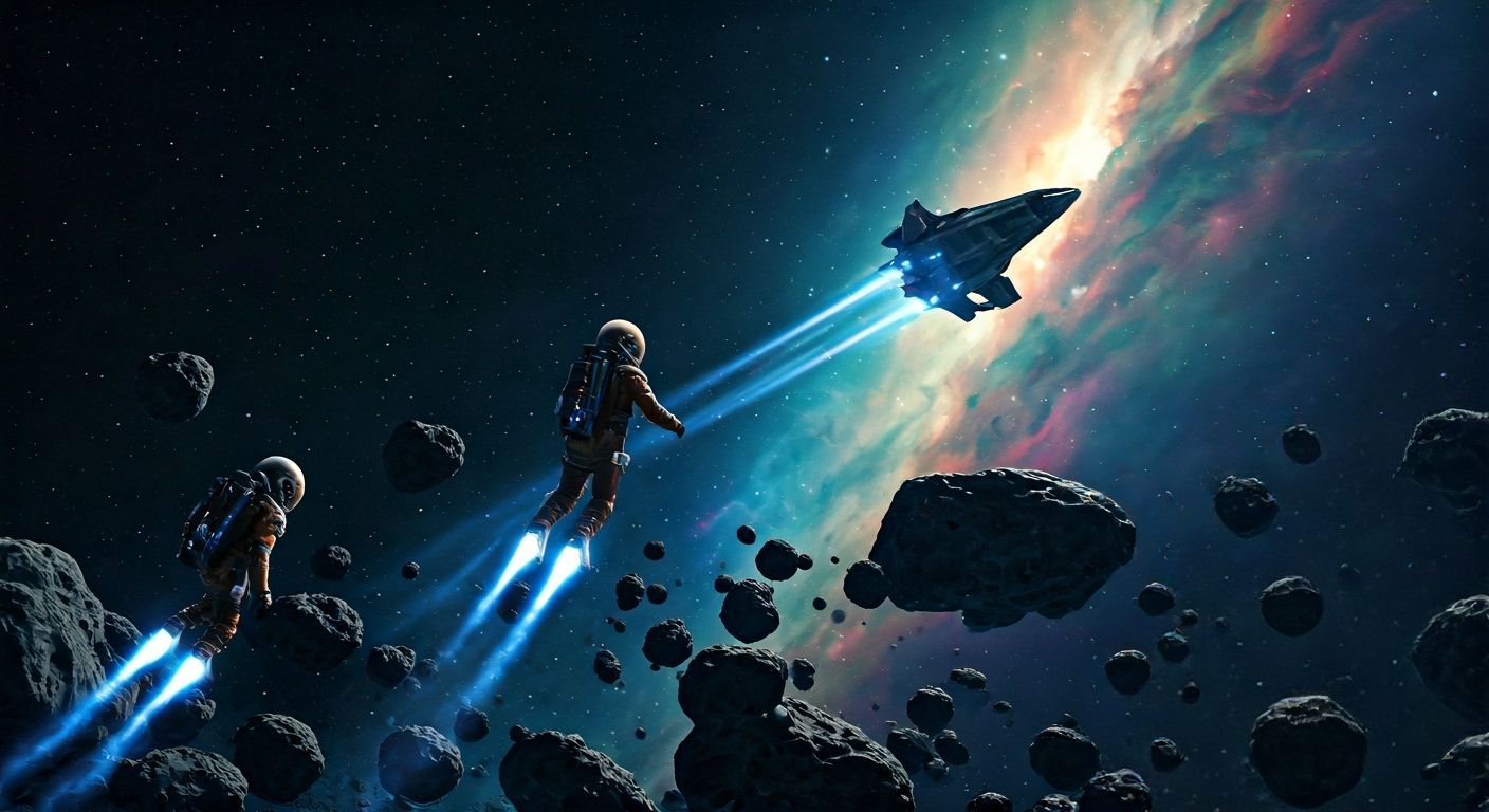 Neon Space Explorers Soaring Through Asteroid Field