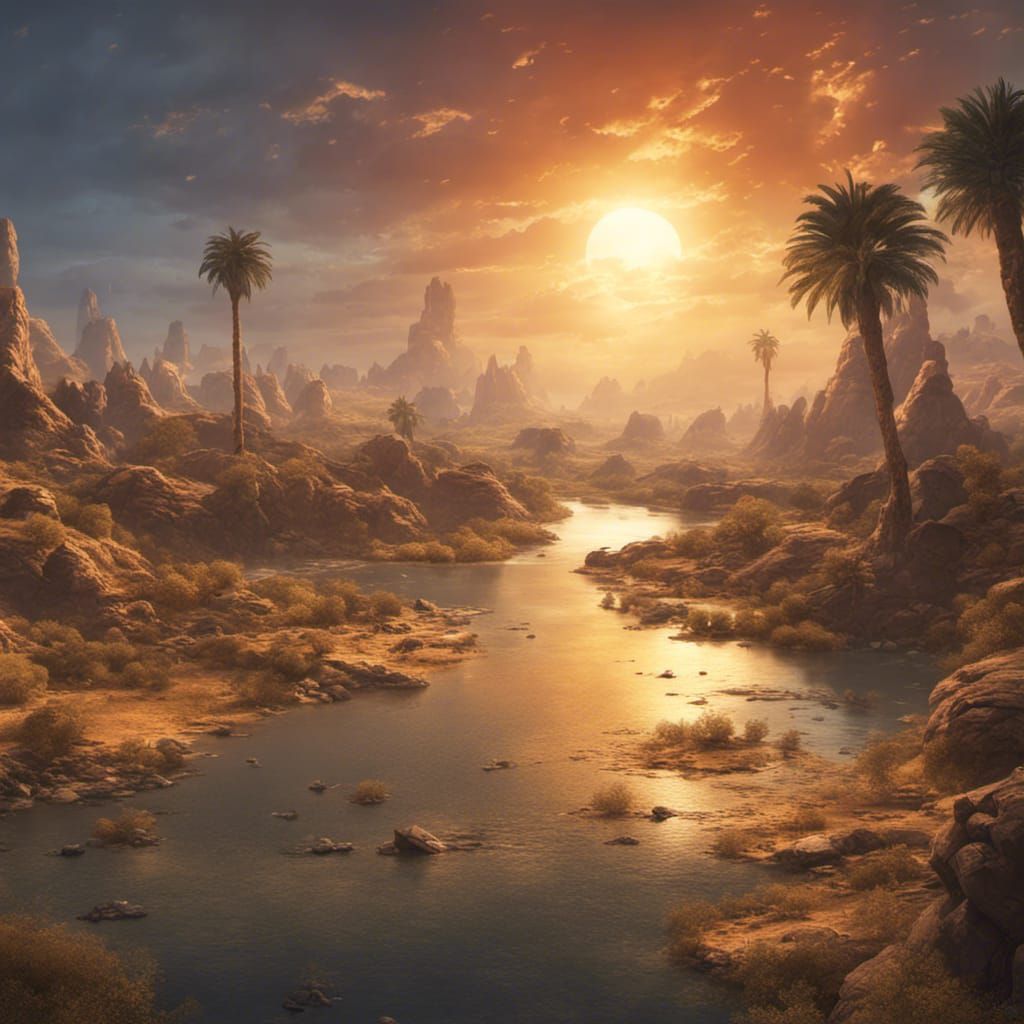 Sunny Sahel River Landscape in Detailed Matte Painting
