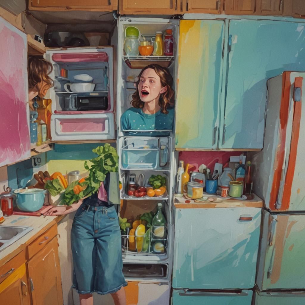 Surreal Woman Singing with Fridge in Whimsical Style