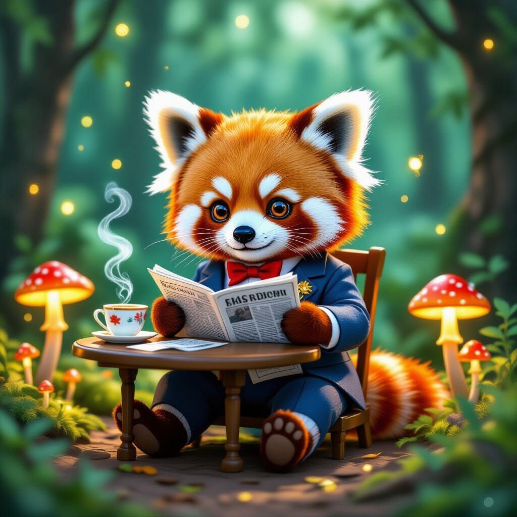 Red Panda Sipping Tea in Enchanted Forest, Nouveau Art